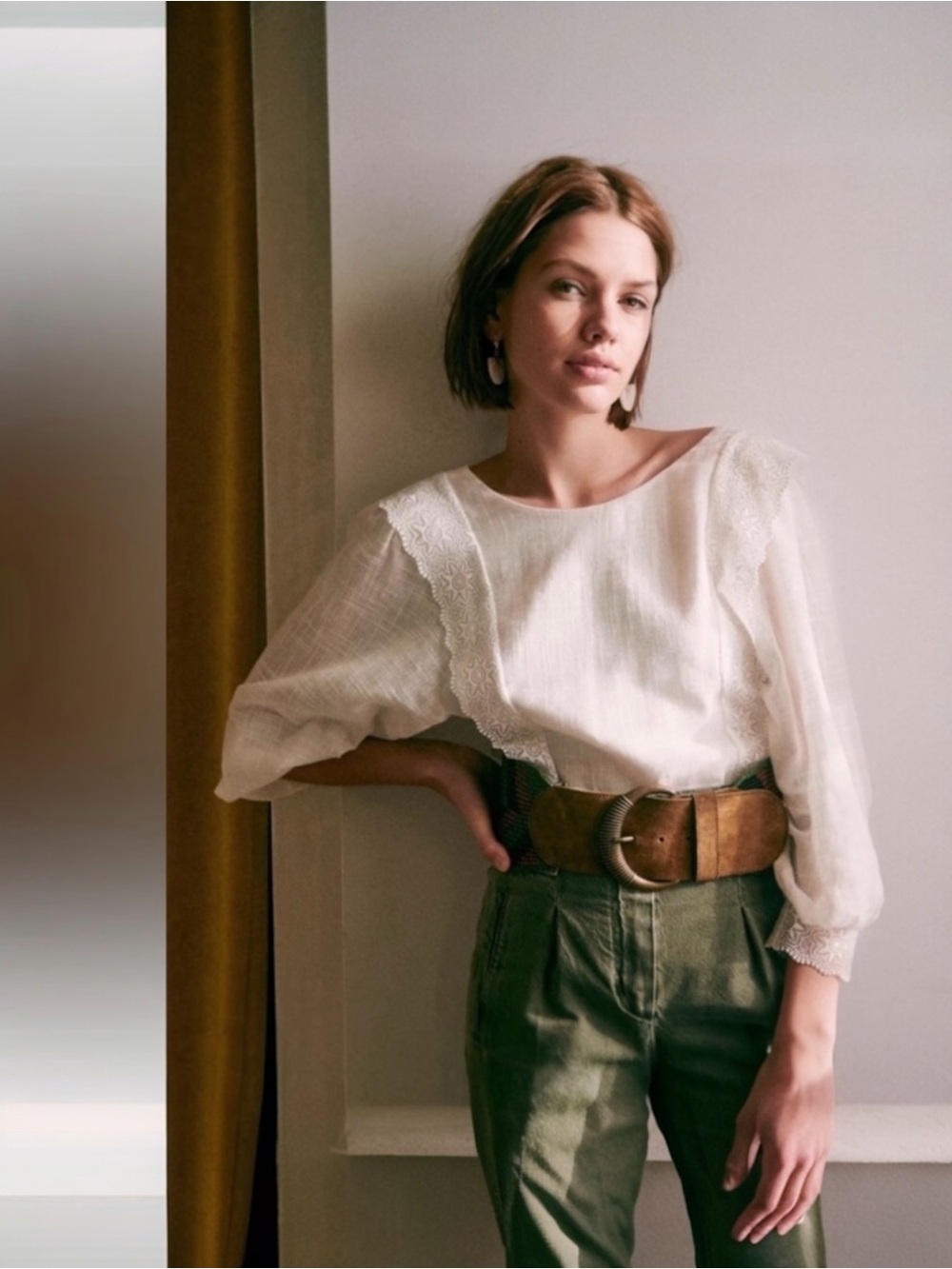 Sezane Cleo Blouse White Slub Gauze Cotton Lace Boho Parisian Coastal Breathable - Picture 2 of 15